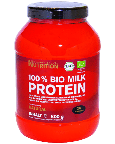100 % reines Bio Milk Protein (DE-ÖKO-037) aus ökologisch produzierter Magermilch Abbildung einer Dose 100 % Bio Milk Protein mit 800 g Inhalt