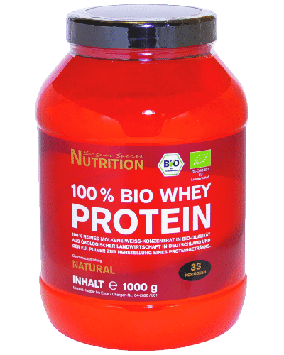 100 % reines Bio Whey Protein (DE-ÖKO-037) aus Cross-Flow-Ultrafiltration Abbildung einer Dose 100 % Bio Whey Protein mit 1000 g Inhalt
