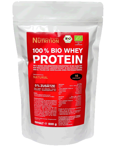 100 % reines Bio Whey Protein (DE-ÖKO-037) Hohe Qualität durch Cross-Flow-Ultrafiltration Abbildung eines Beutels 100 % Bio Whey Protein mit 500 g Inhalt