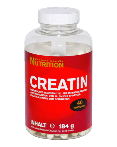 Creatin Kapseln mit 800 mg Creatin Monohydrat pro Kapsel Abbildung einer Dose Creatin Kapseln mit 184 g Inhalt