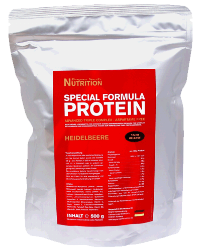 Special Formula Protein mit hochwertigem 3-Komponenten-Eiweiß und leckerem Geschmack Abbildung eines Beutels Special Formula Protein mit 500 g Inhalt