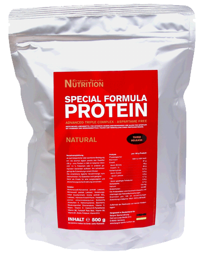 Special Formula Protein Natural mit hochwertigem 3-Komponenten-Eiweiß ohne Süßstoffe, Aromen oder Verdickungsmittel Abbildung eines Beutels Special Formula Protein Natural mit 500 g Inhalt